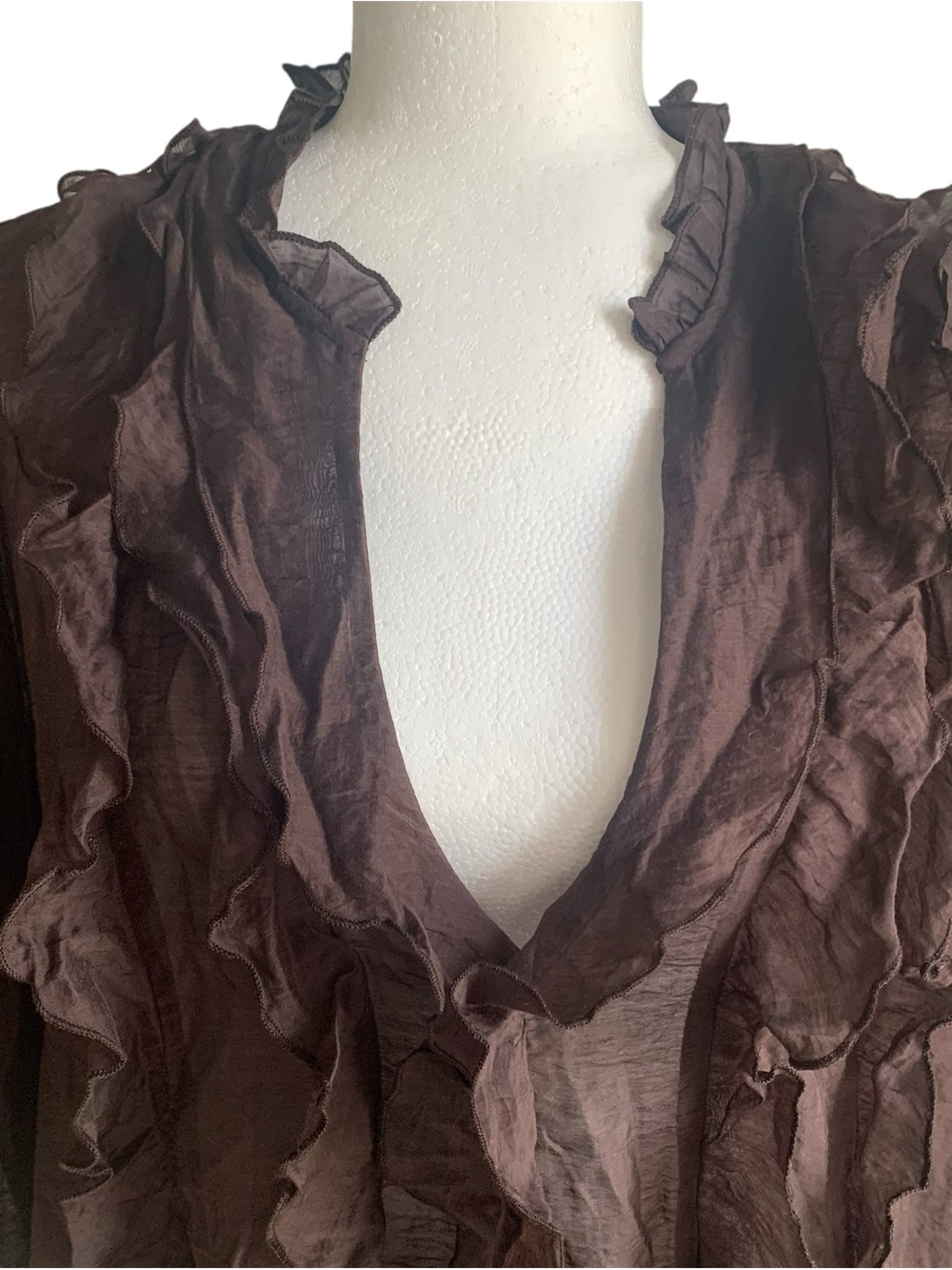 🆕 Zara V‑neck Tunic-top Semi Sheer Ruffles Mother‑of‑pearl Buttons PuffLS BRN XL - Picture 5 of 11